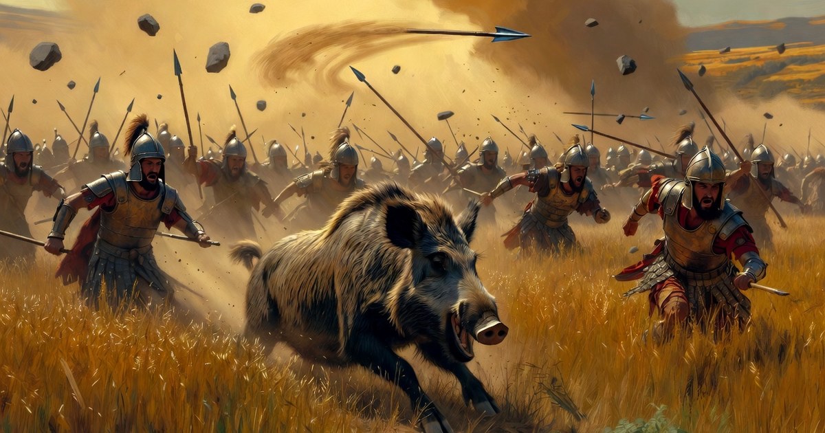 La cacería del jabalí monstruoso de Misia entre hierbas altas, con los cazadores lanzando flechas y lanzas y una jabalina desviada volando por el aire