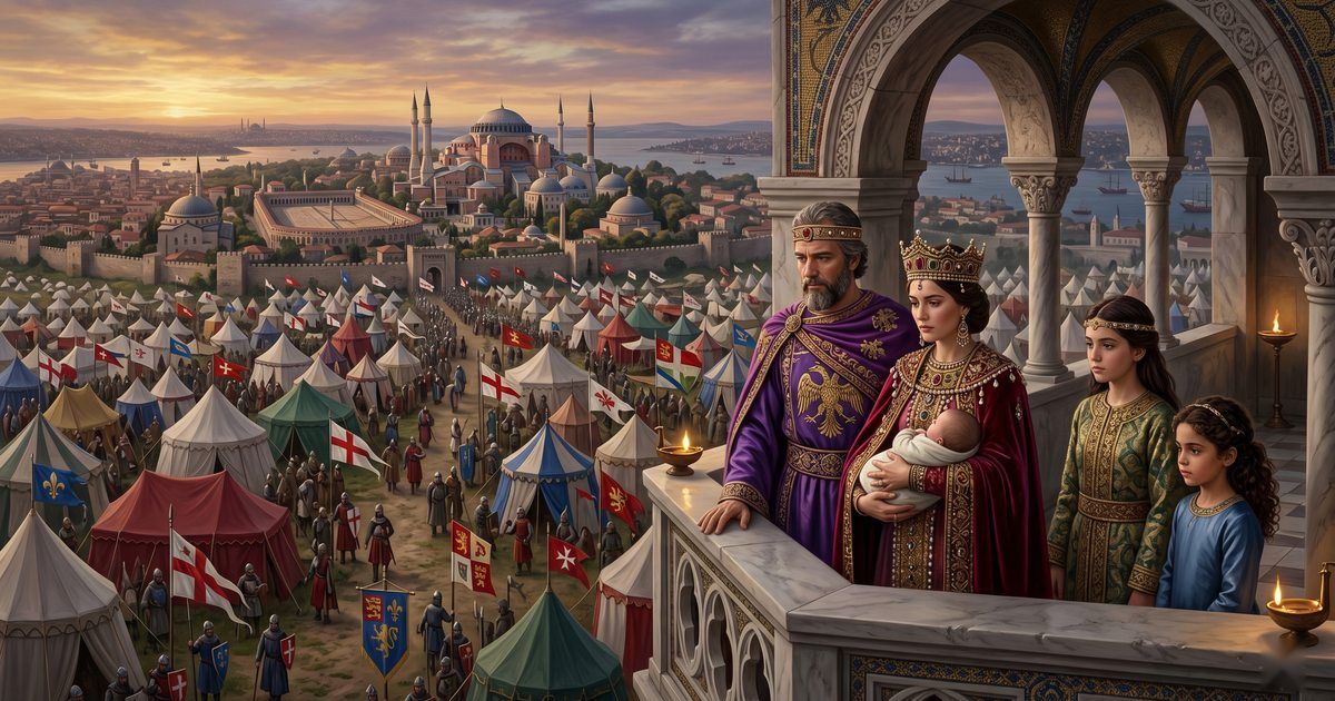El emperador Alejo I Comneno, la emperatriz Irene Ducas y sus hijos observan desde una terraza de palacio el disciplinado campamento de los príncipes cruzados extramuros de Constantinopla