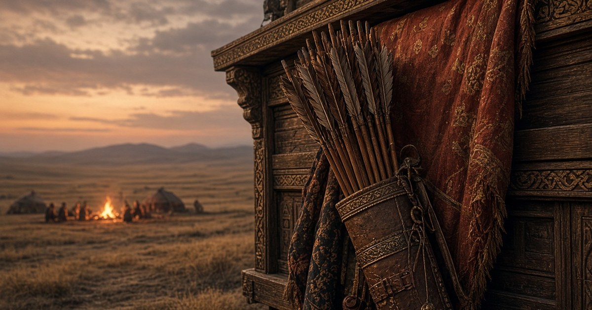 A quiver of arrows hangs from a Massagetae woman's wagon near the Caspian Sea