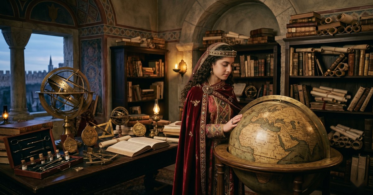 Una joven Ana Comnena estudia un globo terráqueo en la biblioteca del palacio imperial de Constantinopla, rodeada de libros e instrumentos astronómicos