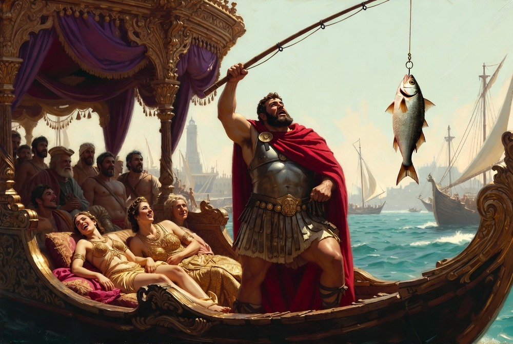 Antonio e Cleopatra a pesca da una barca sul Nilo; all'amo penzola un baccalà salato
