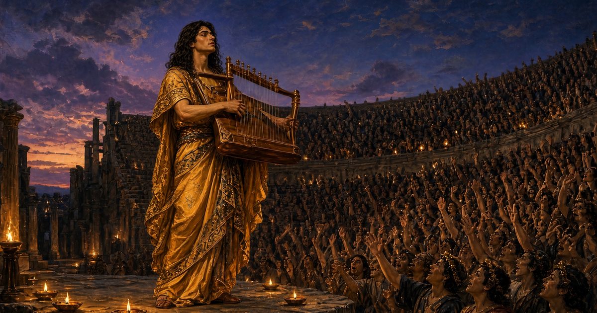 Arion tritt vor einer begeisterten Menge in einem Amphitheater der Magna Graecia auf