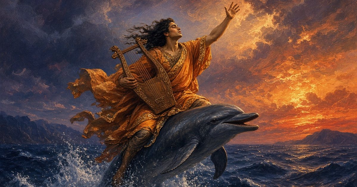 Arion, der griechische Kitharöde des 6. Jahrhunderts v. Chr., reitet bei Sonnenuntergang auf einem Delfin durch ein stürmisches Meer