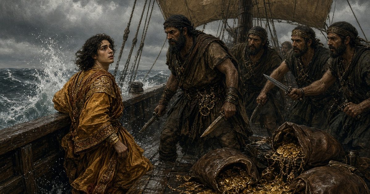 Arion, in die Enge getrieben von den meuternden Seeleuten neben den Goldsäcken an Deck