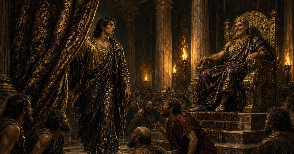 Arion, durchnässt und lebendig, steht vor König Periander in seinem Palast in Korinth