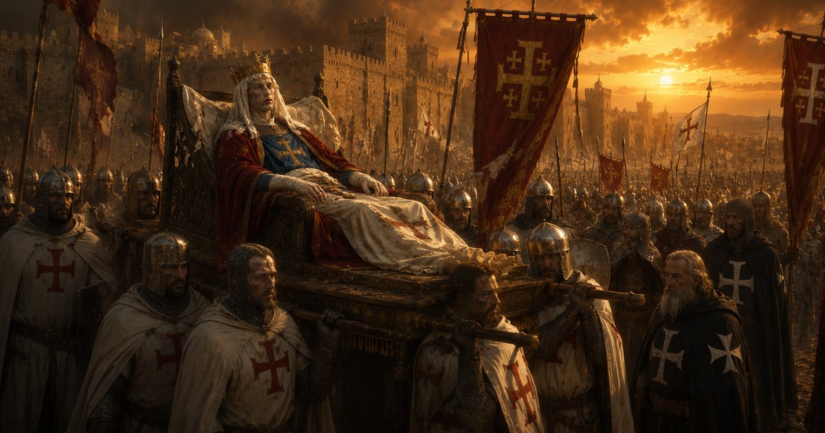 Balduino IV, demasiado enfermo para cabalgar, llevado en litera por caballeros templarios ante las murallas de Jerusalén al atardecer, bajo los estandartes con la cruz de Jerusalén