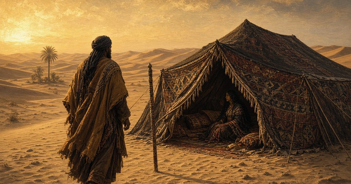 A Nasamones man approaches a tent in the Libyan desert with a staff planted before the entrance