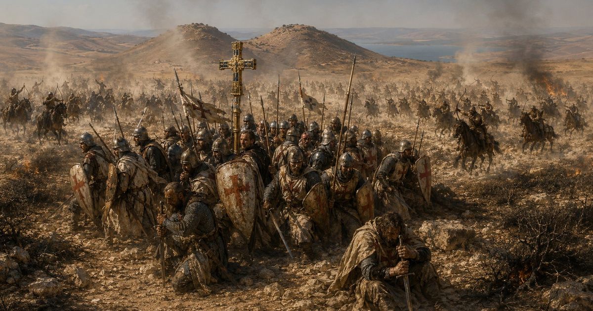 I crociati, assetati e accerchiati presso i Corni di Hattin, difendono la Vera Croce dalla cavalleria di Saladino (luglio 1187)