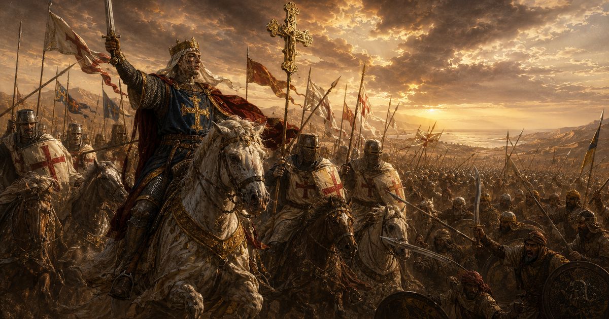 Batalla de Montgisard, 1177: Balduino IV a caballo alza la espada junto a la Vera Cruz mientras los caballeros templarios cargan contra el ejército de Saladino al atardecer