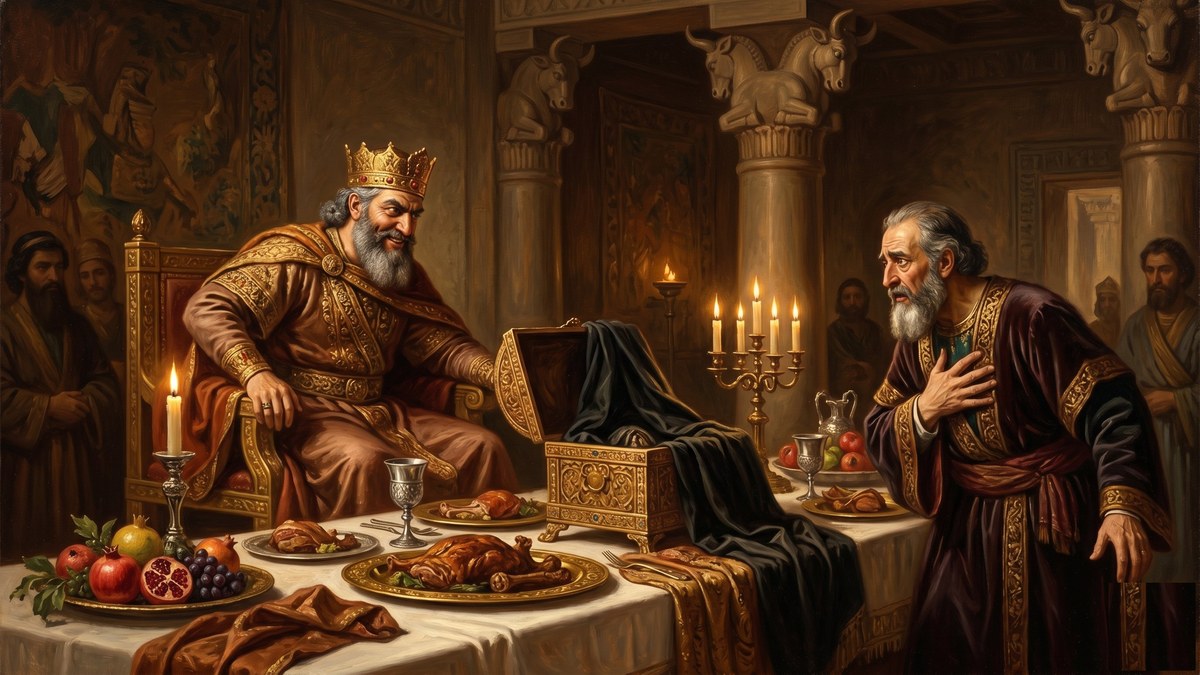 Harpagos' Abendessen: Astyages lächelt zynisch neben einem verdeckten Korb, während Harpagos seinen Schrecken zurückhält, akademisches Ölgemälde des 19. Jahrhunderts