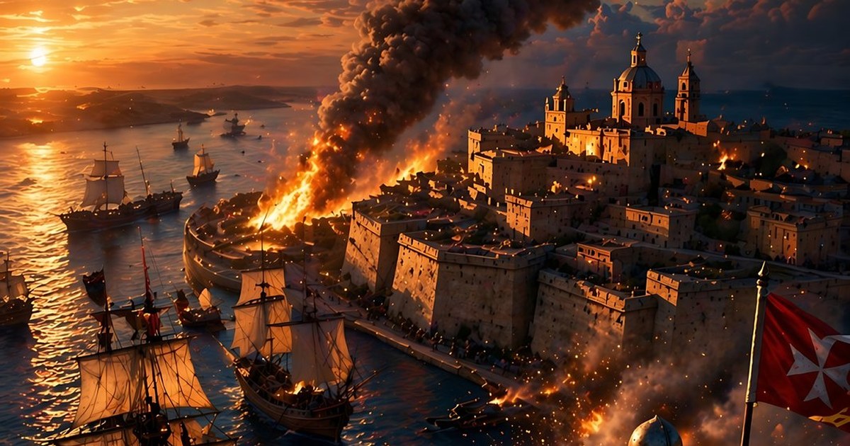 Le Grand Siège de Malte 1565 : la cité fortifiée en flammes, des galères dans le port et un chevalier portant la croix de Malte