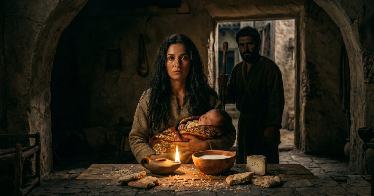 Spakó, die persische Hirtin, die den kleinen Kyros in einer Hütte im Taurus-Gebirge säugt