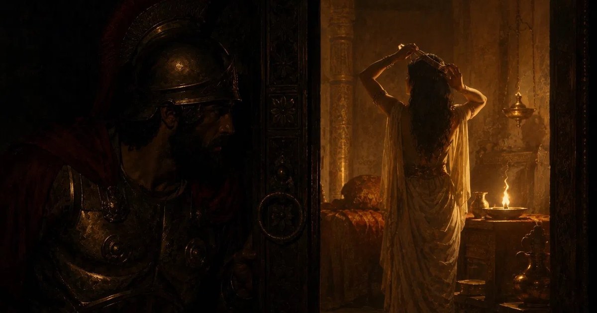 Gyges spies on the queen of Lydia from the door of the royal bedchamber — the scene that founded candaulism
