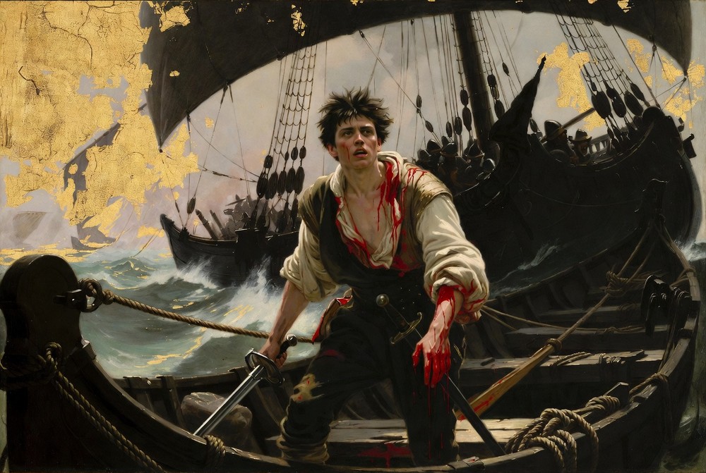 Ein verwundeter junger Soldat kämpft in der Schlacht von Lepanto vom seitlich vertäuten Beiboot einer Galeere aus, die linke Hand blutüberströmt