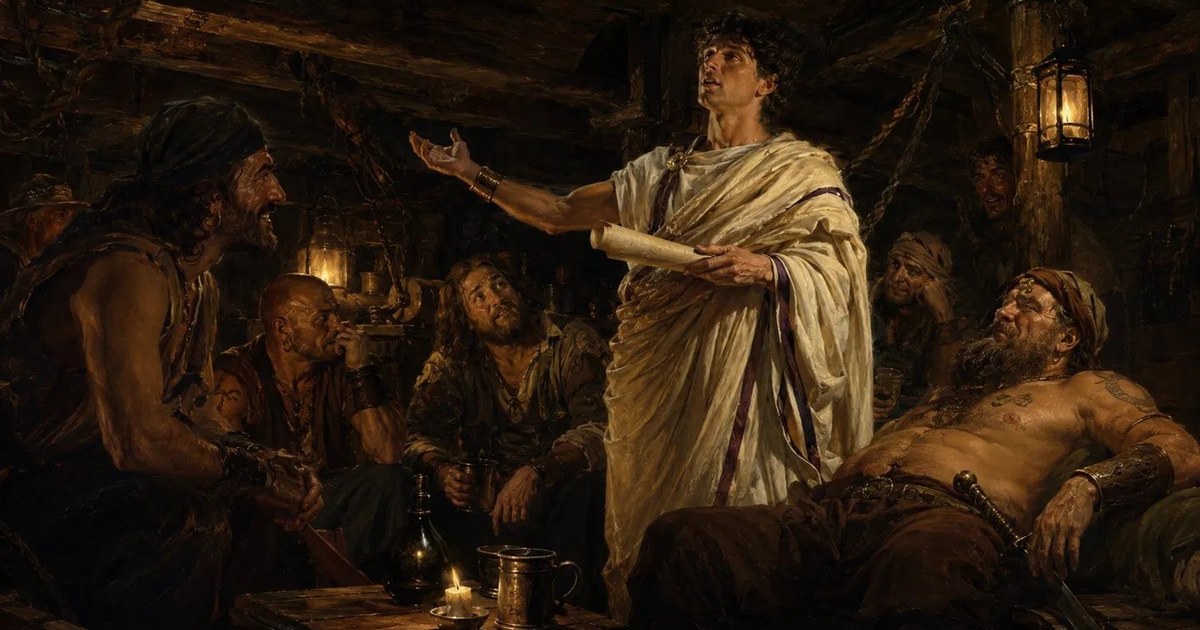 Júlio César, jovem e de toga, recita os seus poemas com gesto teatral a um grupo de piratas entediados e perplexos no porão do navio, iluminado por uma lanterna