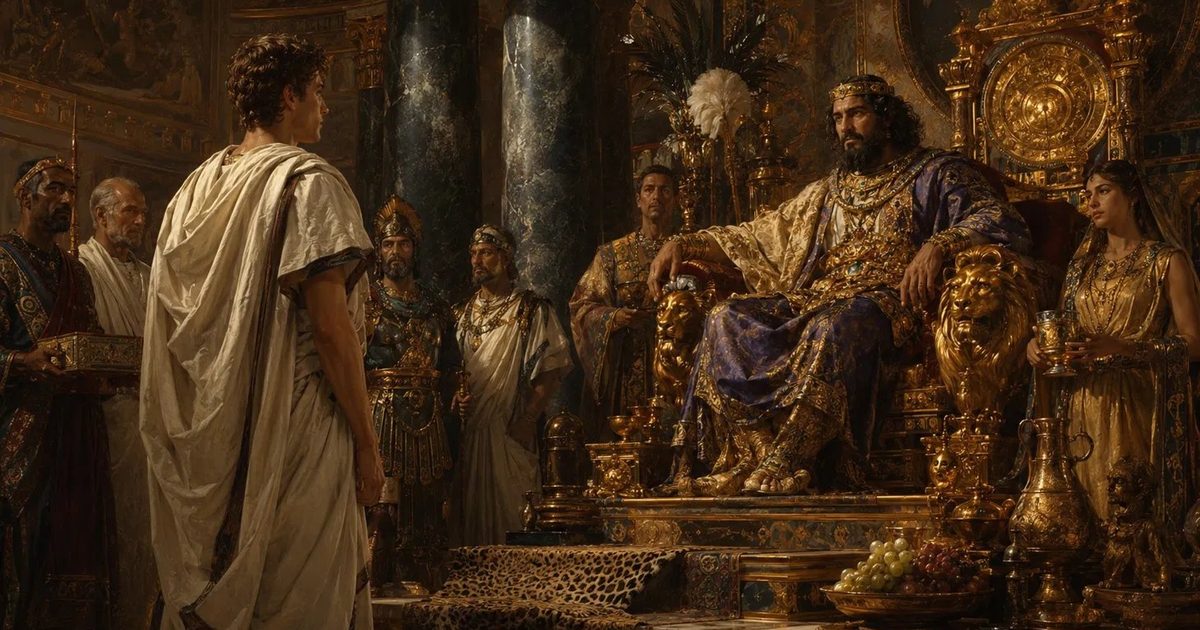 Ein junger römischer Gesandter in weißer Toga steht vor einem thronenden, in Purpur gekleideten orientalischen König in einer prunkvollen, goldgefüllten Palasthalle mit goldenen Löwen am Thron