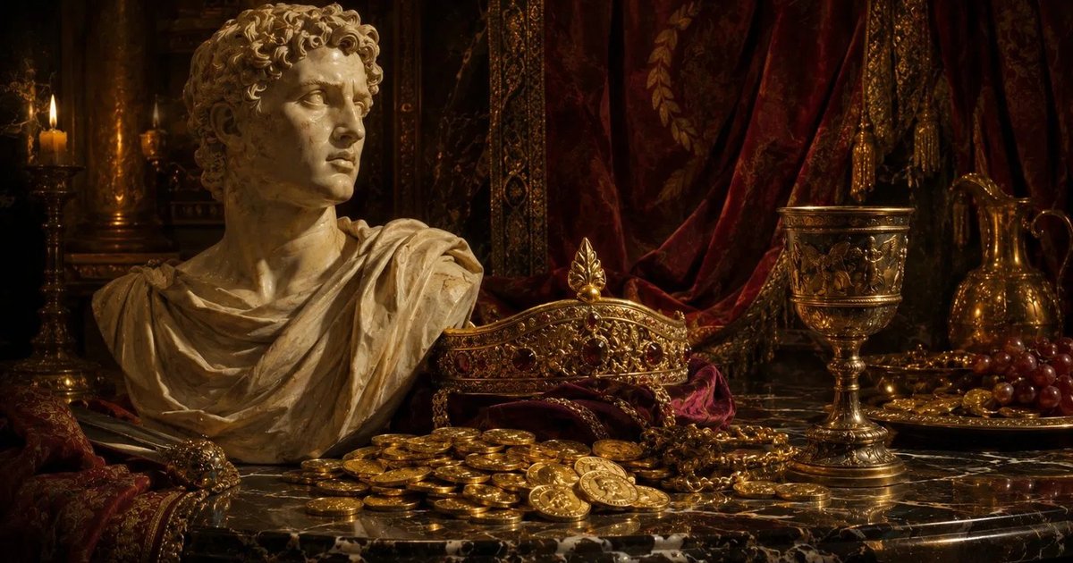 Eine Marmorbüste eines jungen Römers neben einem Haufen glänzender Goldmünzen, einer orientalischen Königskrone und einem Bronzekelch auf einem Marmortisch, mit purpurnen Vorhängen im Hintergrund