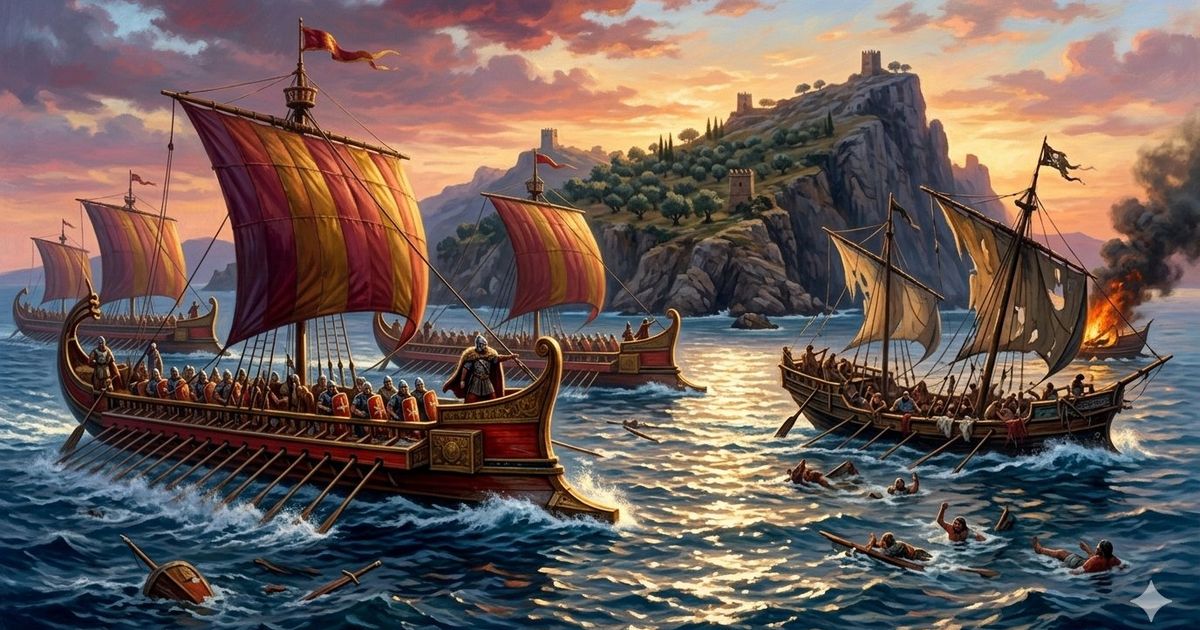 Uma frota de galés de guerra romanas com remos e velas persegue os navios piratas em fuga pelo mar ao pôr do sol, perto de uma ilha rochosa do Egeu