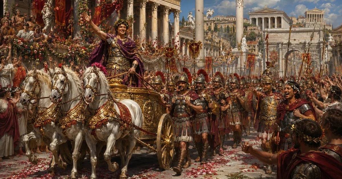 Julius Caesar, in Purpur gekleidet, zieht auf seinem goldenen Wagen beim römischen Triumph vorbei, während seine Legionäre hinter ihm singend und lachend durch die Menge marschieren