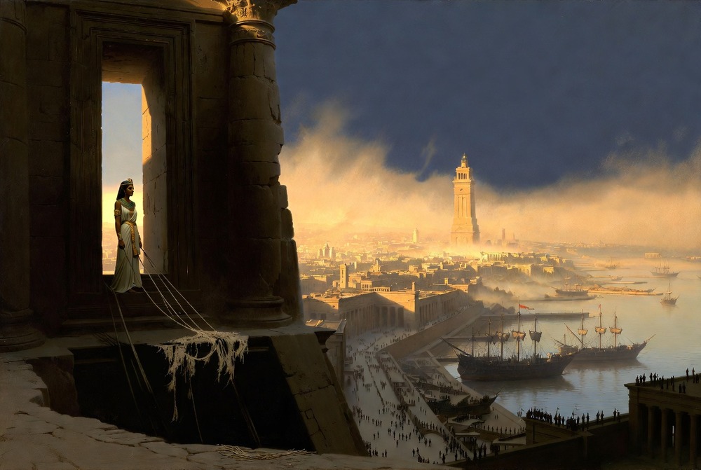 Cleopatra observa desde su palacio el puerto de Alejandría y el Faro poco antes de la caída de la ciudad