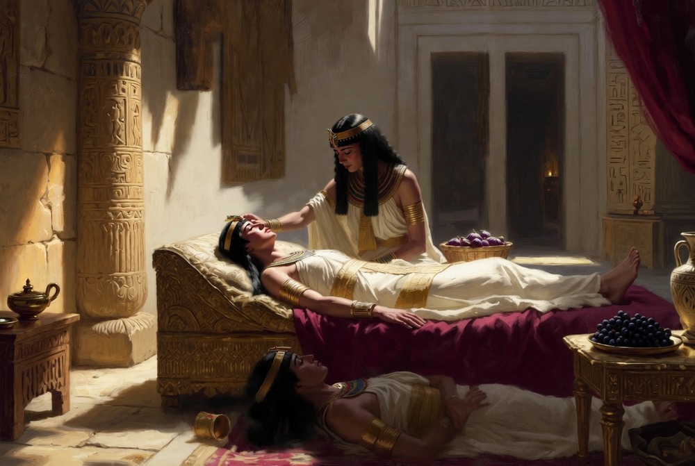 Cleopatra morta sul suo letto d'oro con il diadema reale, accanto alle sue ancelle Iras e Carmione