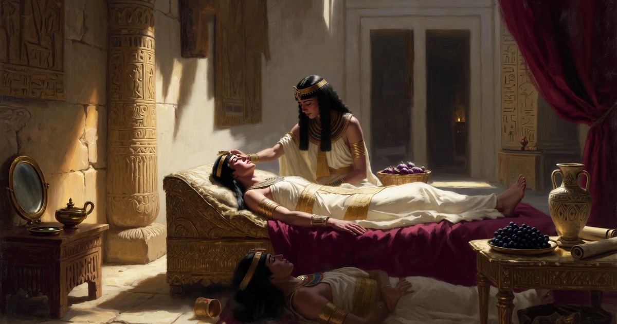 Cleopatra muerta en su lecho de oro con la diadema puesta, Cármion moribunda a su lado e Iras caída a sus pies