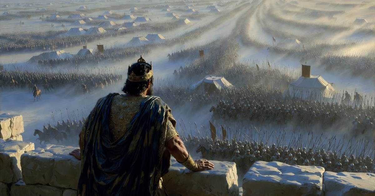 Creso affacciato dalle mura di Sardi contempla, paralizzato, l'immenso esercito persiano che copre tutta la pianura fino all'orizzonte