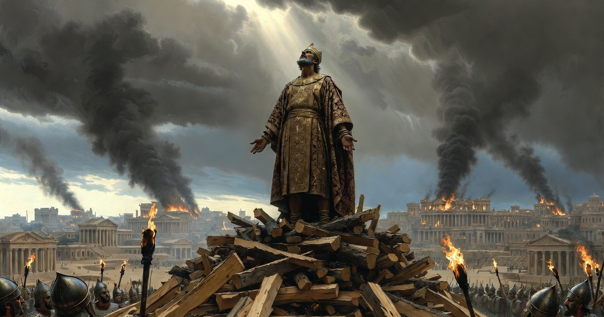 Creso, re di Lidia, legato sopra una grande pira nella Sardi in fiamme, guarda il cielo a braccia aperte mentre i soldati persiani reggono le torce