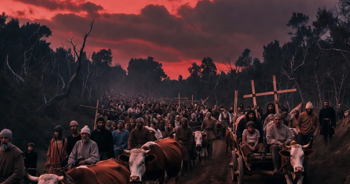 La Cruzada Popular avanza por un camino de tierra entre carros de bueyes y grandes cruces de madera, bajo un cielo al atardecer