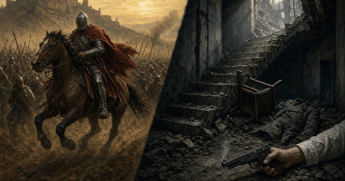 On the left, a medieval count flees the battlefield on horseback; on the right, a ruined bunker with a hand holding a smoking pistol