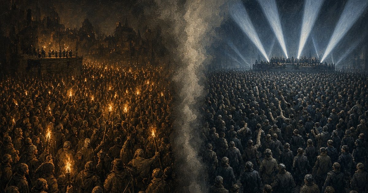 A medieval crowd with torches and pitchforks converges on a platform, and through the smoke the same scene transforms into a 20th-century mass rally lit by searchlights