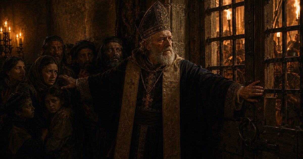 O bispo Adalberto, de mitra, protege com os braços estendidos famílias judias aterrorizadas enquanto além da grade arde a turba com tochas