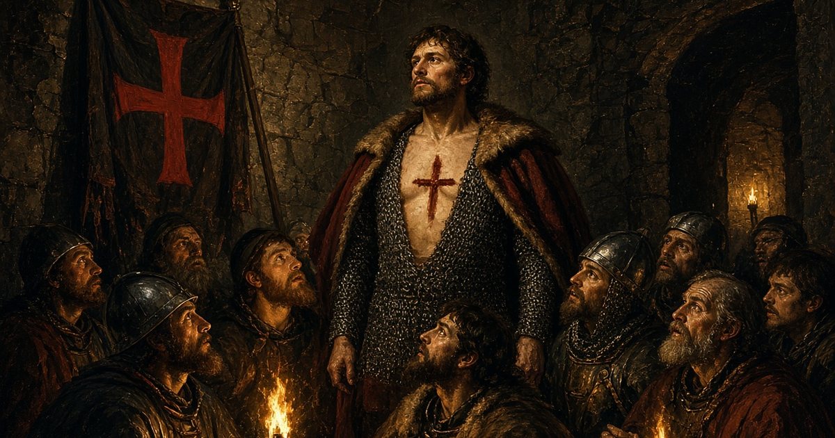 Count Emicho reveals to his followers the cross-shaped mark he claims to carry on his chest, in a torchlit stone chamber