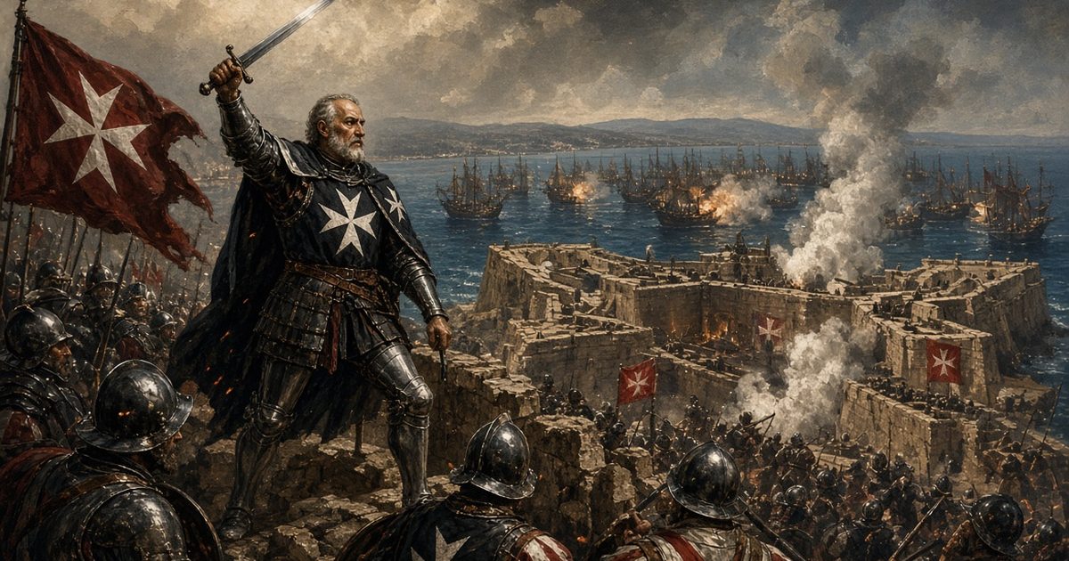 Fra' Pietro del Monte, vieux chevalier de Malte, brandit son épée sur les remparts du fort Saint-Michel pendant le Grand Siège