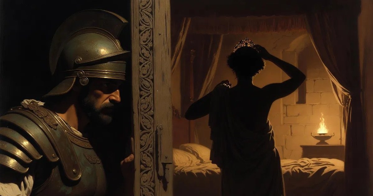 Gyges, hidden behind the door of the royal bedchamber, watches the queen undress