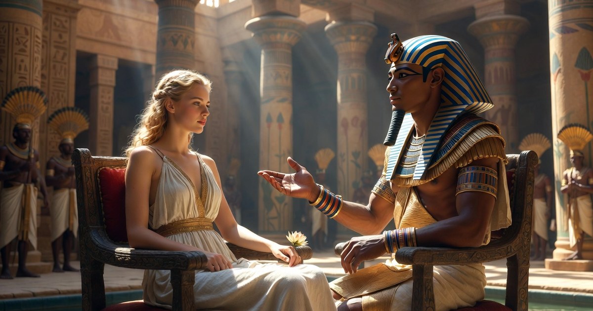 Hélène de Troie assise en hôtesse d'honneur, conversant avec le pharaon Protée (Ramsès II) dans son palais de Memphis
