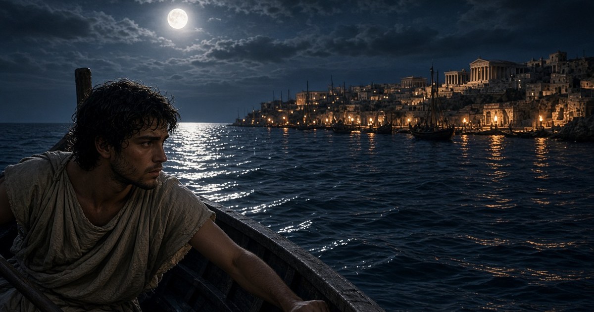Um jovem Heródoto rema à noite rumo à ilha de Samos, sob a lua cheia, deixando para trás as luzes de Halicarnasso
