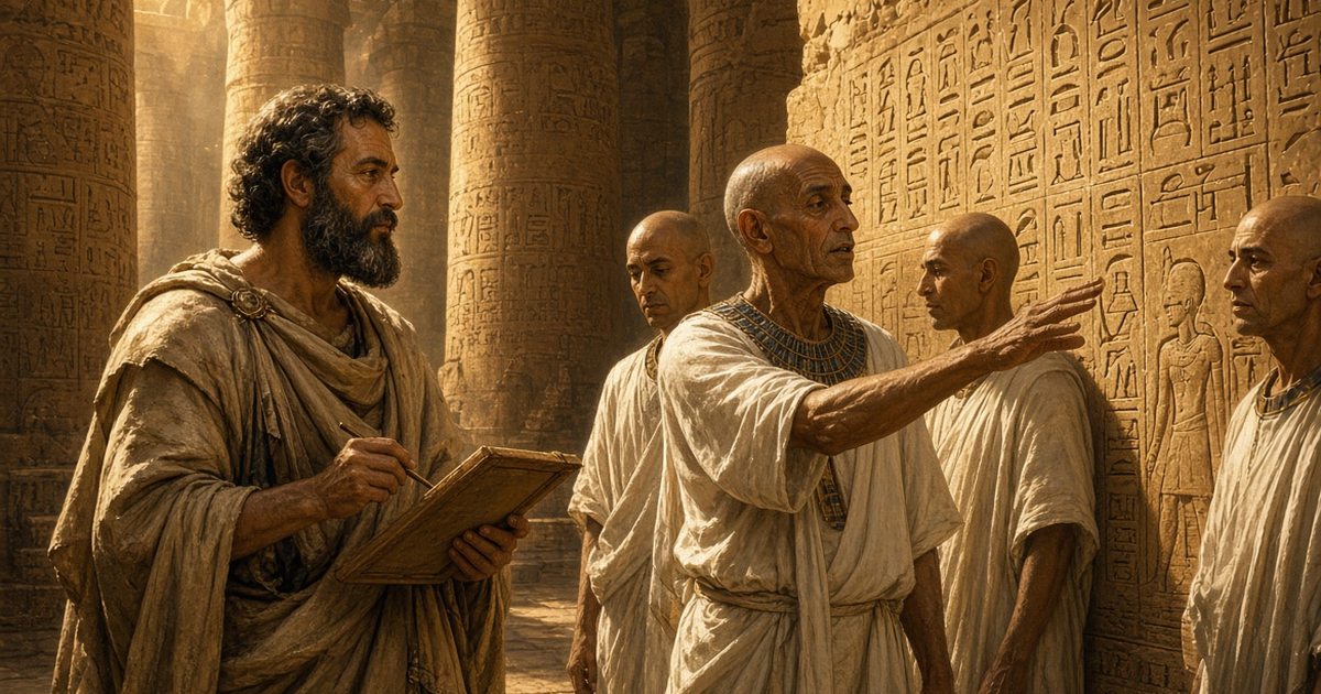 Heródoto, tabuinha em mãos, interroga um grupo de sacerdotes egípcios junto a uma parede coberta de hieróglifos em um templo do Nilo