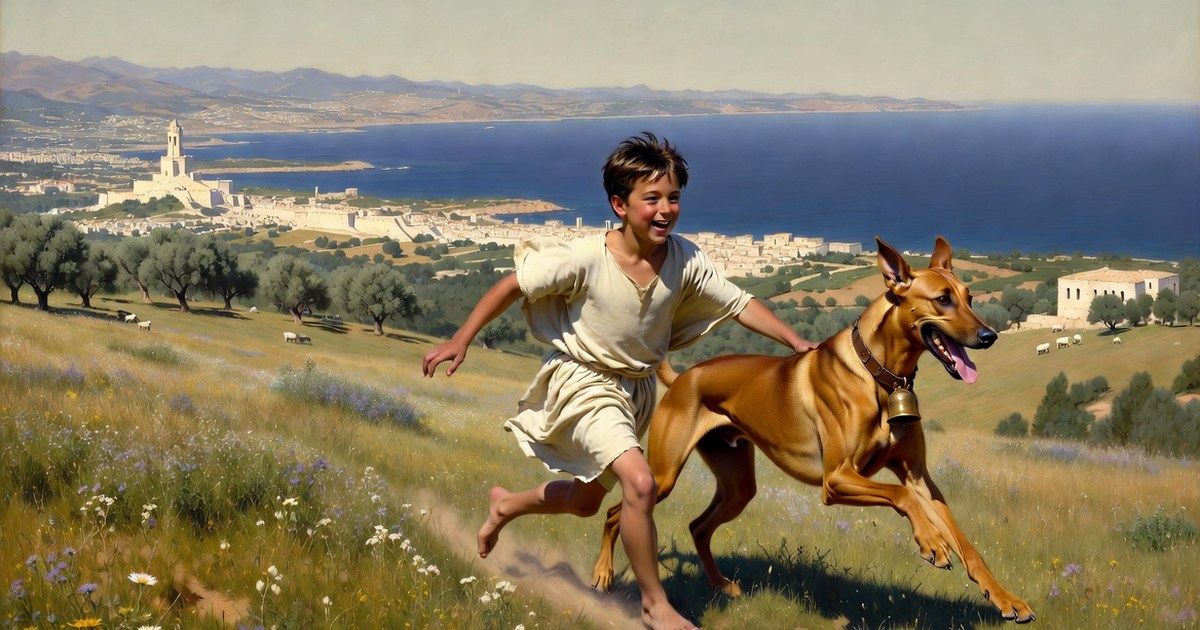 Um menino corre feliz com seu cachorro pelas colinas acima de Halicarnasso, com o mar Egeu e a cidade ao fundo