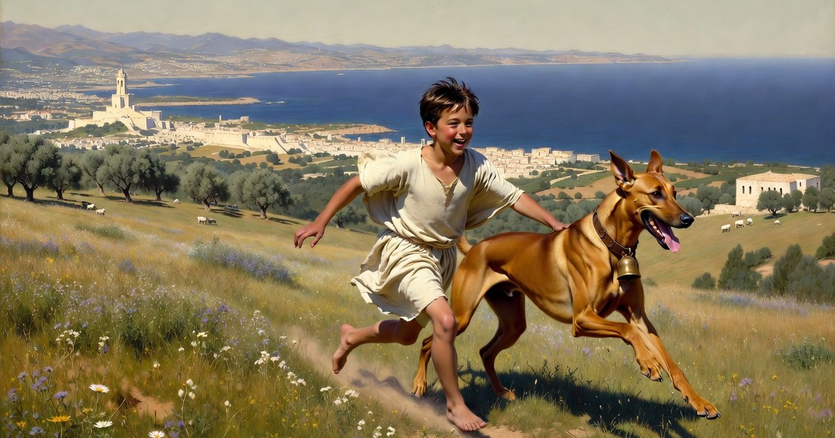 O jovem Heródoto corre feliz por um prado de Halicarnasso junto ao seu cão Lélape, com o mar Egeu ao fundo