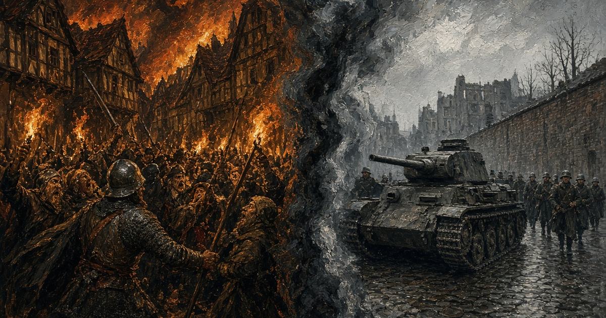 Illustration merging a 1096 medieval mob with the 1943 Warsaw ghetto, a tank and armed soldiers advancing through the smoke