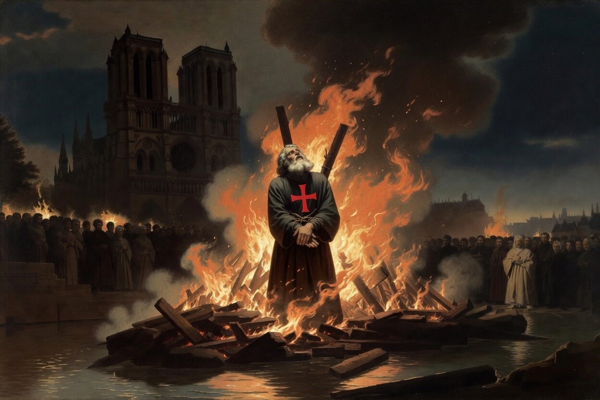 Jacques de Molay brennt auf dem Scheiterhaufen auf der Île de la Cité gegenüber den Türmen von Notre-Dame in Paris in der Nacht des 18. März 1314