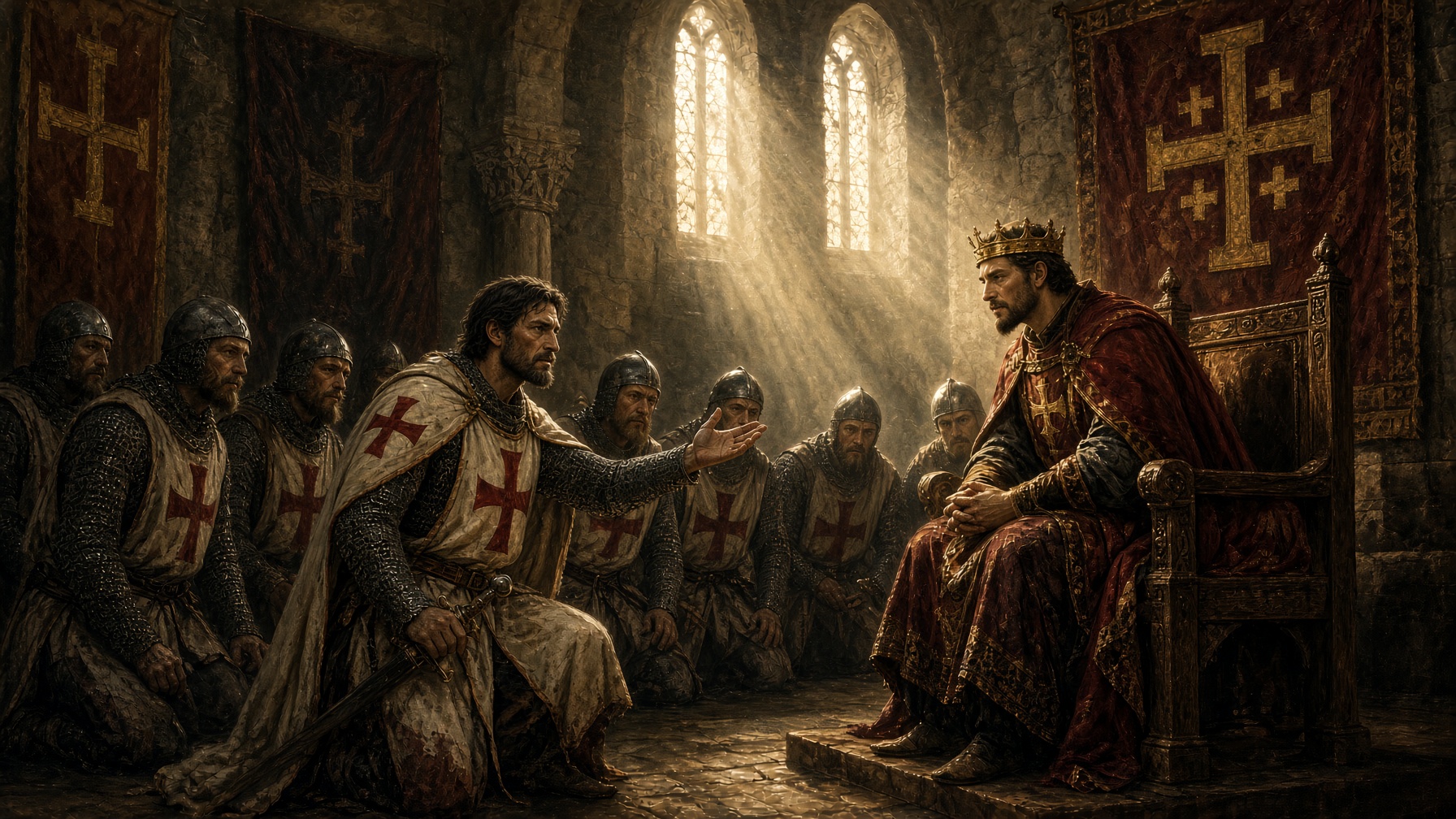 Hugues de Payens y ocho compañeros con armadura se presentan de rodillas ante el rey Balduino II de Jerusalén, sentado en el trono en una sala iluminada por rayos de luz