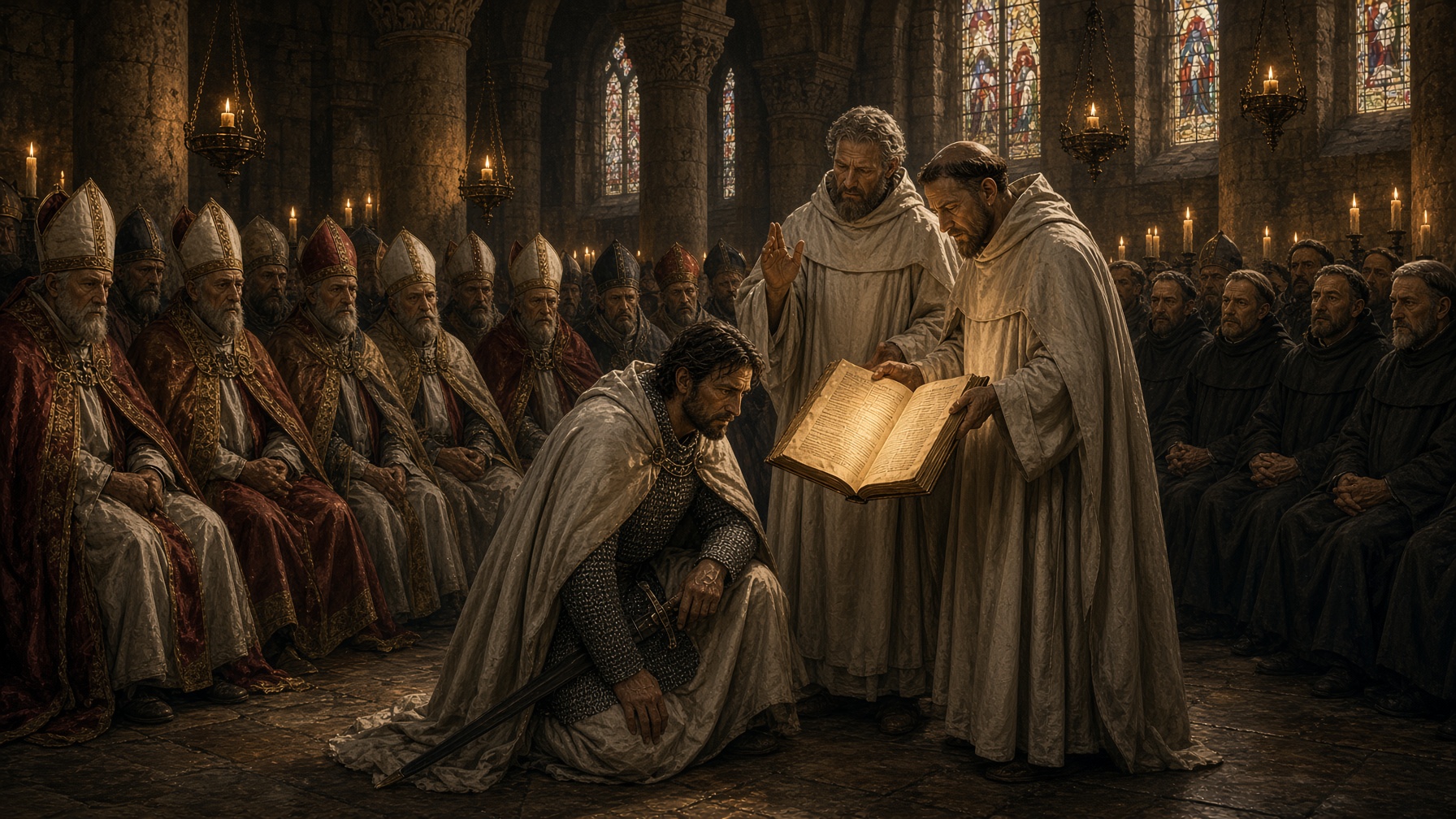 Hugues de Payens arrodillado recibe la Regla oficial de la Orden en el Concilio de Troyes de 1129, ante obispos y monjes, entre ellos Bernardo de Claraval