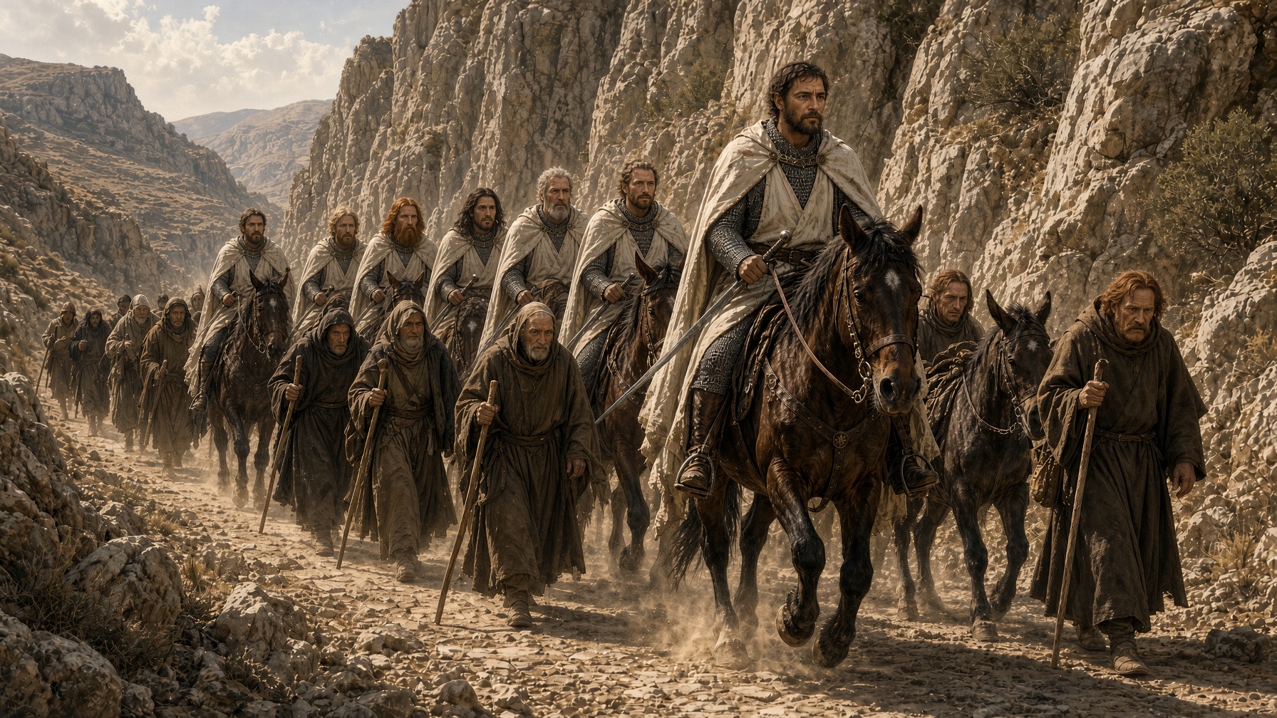 Hugues de Payens y sus caballeros a caballo escoltan una fila de peregrinos por un estrecho paso de montaña en el camino a Jerusalén
