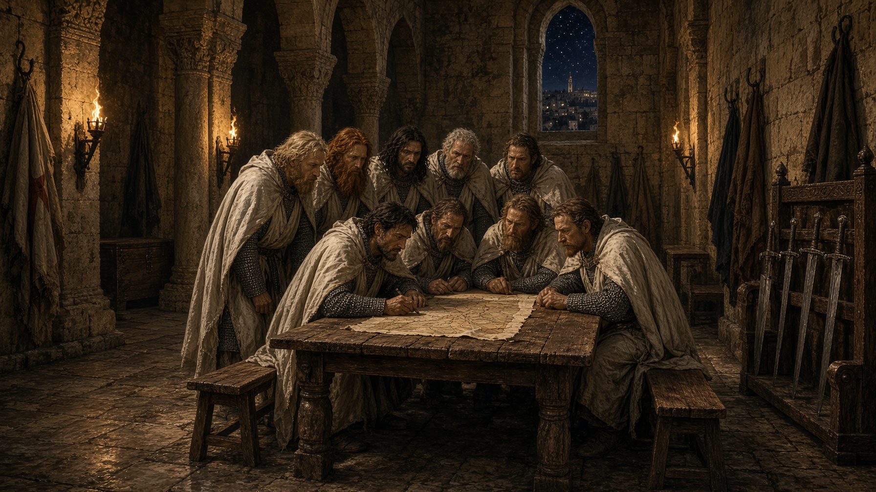 Los nueve caballeros templarios estudian un mapa a la luz de antorchas en una sala desnuda de la Explanada del Templo, de noche, con Jerusalén visible por la ventana