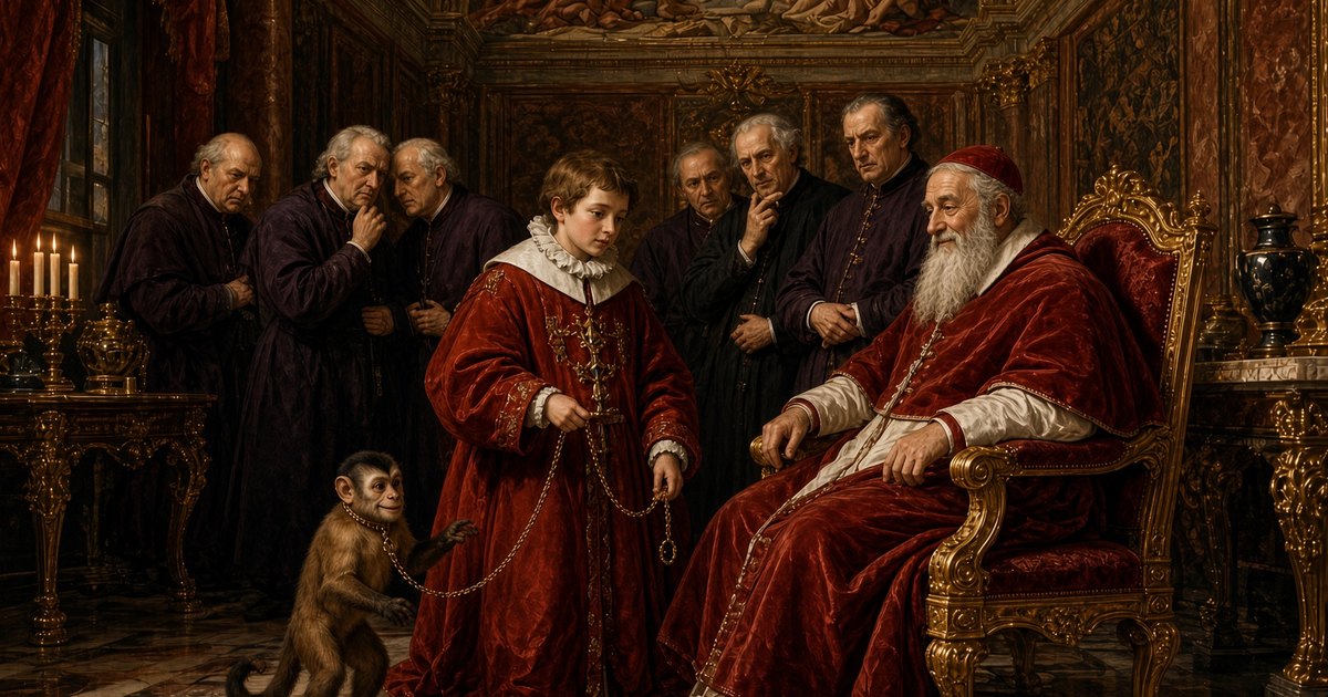 Un jeune cardinal avec un singe capucin enchaîné, observé par Jules III depuis son trône, entourés de cardinaux scandalisés