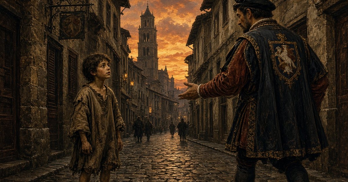Un serviteur du gouverneur Baldovino Ciocchi del Monte tend la main à un adolescent mendiant dans une rue pavée de Plaisance au crépuscule