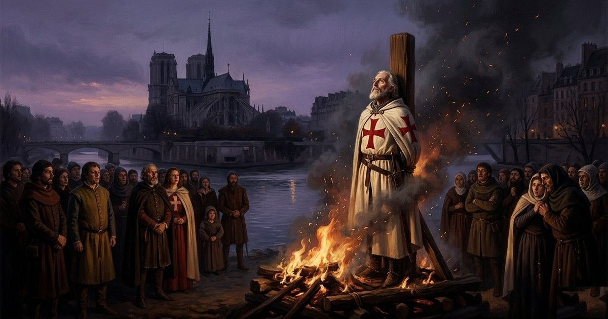 Jacques de Molay auf dem Scheiterhaufen vor der Kathedrale Notre-Dame de Paris, 18. März 1314