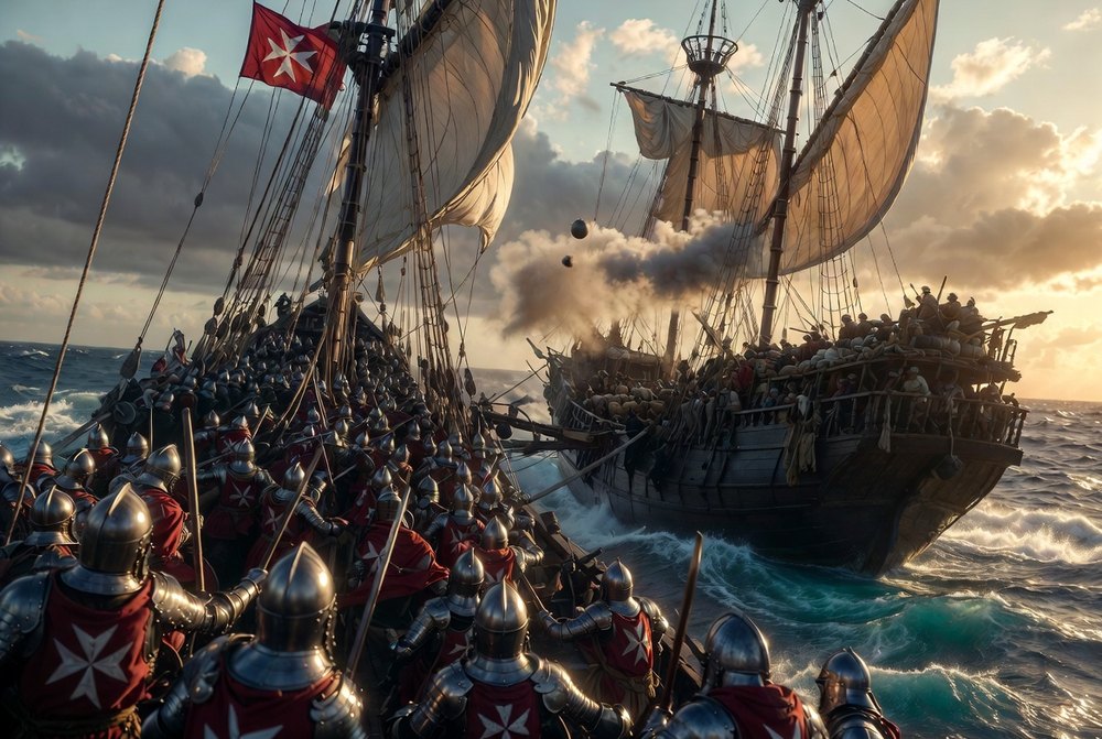Les galères de l'Ordre, sous Mathurin de Romegas, abordent un navire turc : le harcèlement corsaire — et la capture du galion « Sultana » en 1564 — fut la goutte qui fit exploser Soliman.